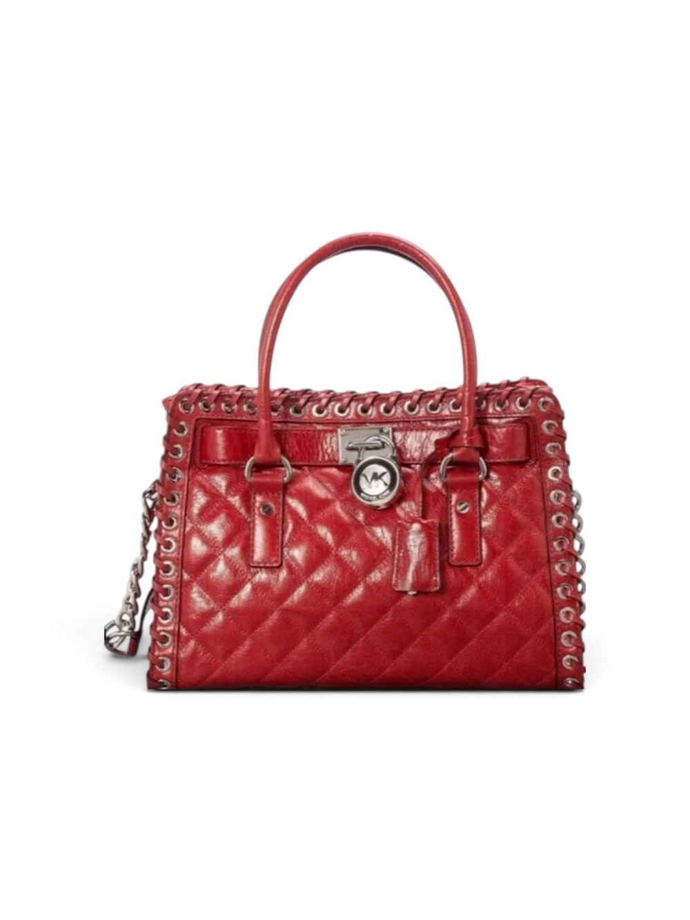 Michael Kors Crimson Quilted Hippie Grommet Satchel Bag w/ Lock & Key